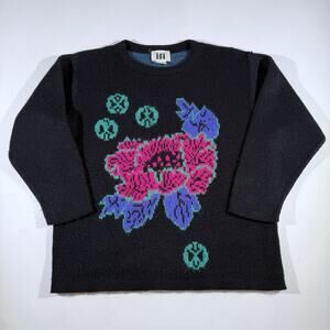 Vintage IFI Graphic Knit Sweater Black Colorful Abstract 90s Style Boxy Fit S/M